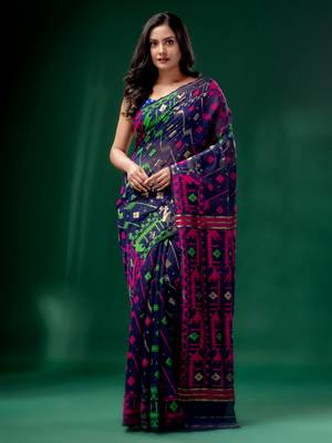 Blue Cotton Silk Handwoven Soft Jamdani Saree Without Blouse 1
