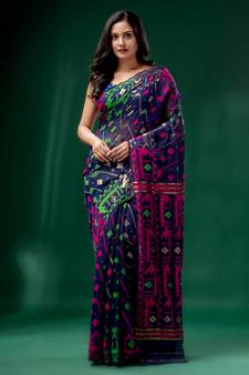 Blue Cotton Silk Handwoven Soft Jamdani Saree Without Blouse