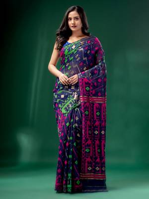 Blue Cotton Silk Handwoven Soft Jamdani Saree Without Blouse 2