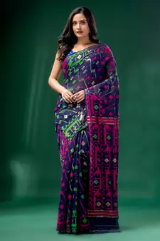 Blue Cotton Silk Handwoven Soft Jamdani Saree Without Blouse