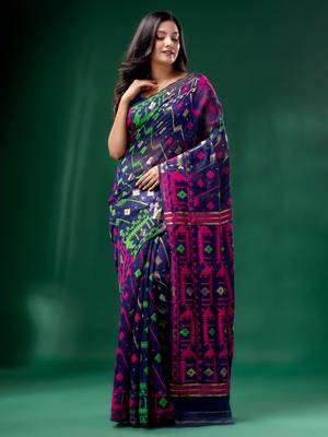 Blue Cotton Silk Handwoven Soft Jamdani Saree Without Blouse 3
