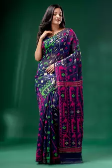 Blue Cotton Silk Handwoven Soft Jamdani Saree Without Blouse