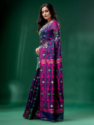 Blue Cotton Silk Handwoven Soft Jamdani Saree Without Blouse 4
