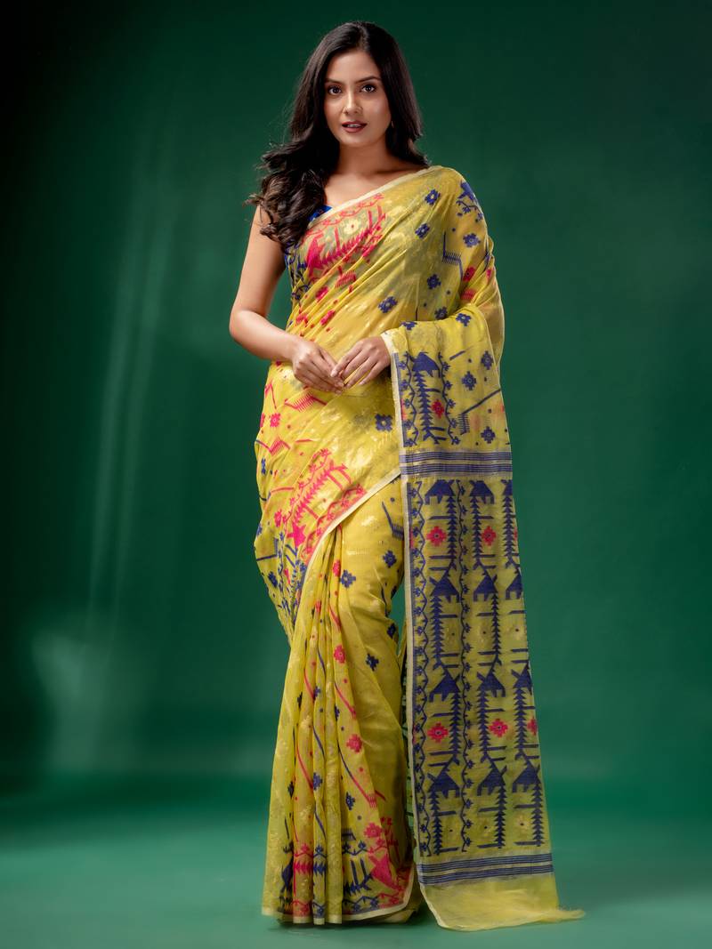 Lime Yellow Cotton Silk handwoven soft Jamdani saree