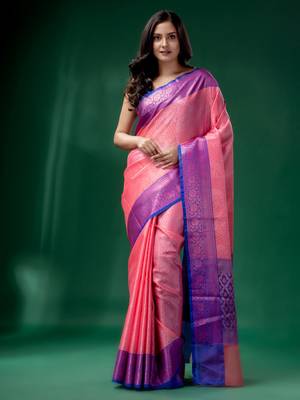 Pink Organza handwoven soft saree with texture design 1