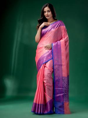Pink Organza handwoven soft saree with texture design 2