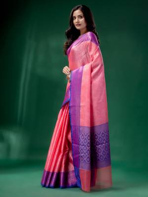 Pink Organza handwoven soft saree with texture design 3