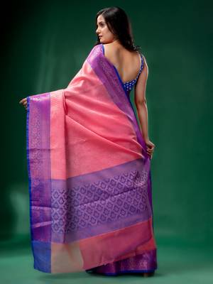 Pink Organza handwoven soft saree with texture design 4