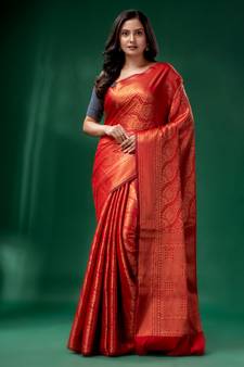 Red Blended Silk Brocade handwoven soft saree