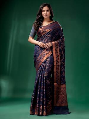 Navy blue Cotton Silk saree with woven design 1