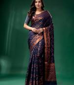 Navy blue Cotton Silk saree with woven design