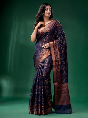 Navy blue Cotton Silk saree with woven design 2