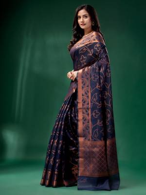 Navy blue Cotton Silk saree with woven design 3
