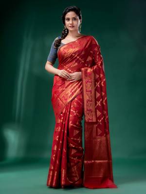 Red Cotton Silk saree with woven design 1