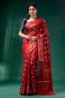 Red Cotton Silk saree with woven design