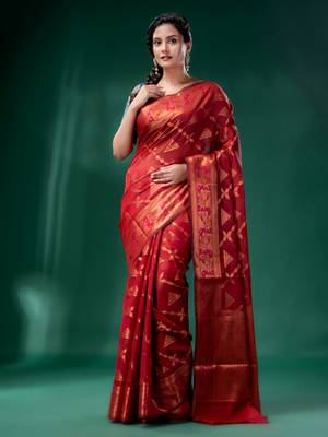 Red Cotton Silk saree with woven design 2
