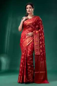 Red Cotton Silk saree with woven design