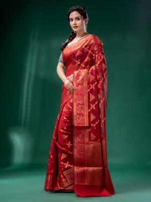 Red Cotton Silk saree with woven design 3