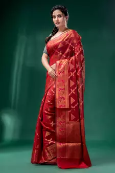 Red Cotton Silk saree with woven design