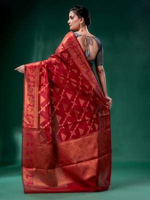 Red Cotton Silk saree with woven design 4