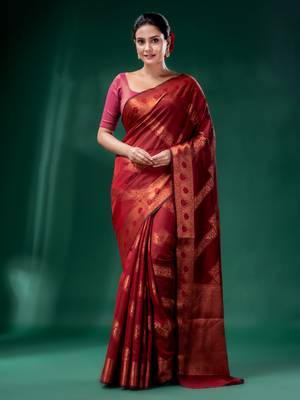 Dark Red Cotton Silk saree with woven design 1