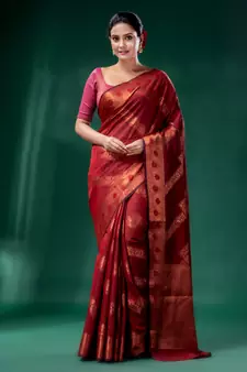 Dark Red Cotton Silk saree with woven design