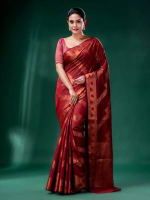Dark Red Cotton Silk saree with woven design 2