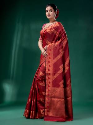 Dark Red Cotton Silk saree with woven design 3