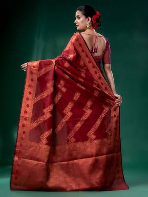 Dark Red Cotton Silk saree with woven design 4