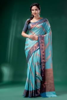 Sky Blue Cotton Silk saree with woven design