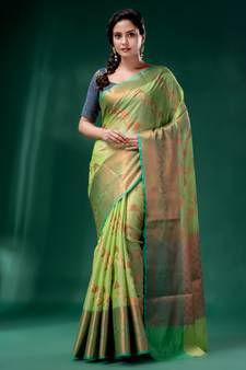 Green Cotton Silk saree with woven design