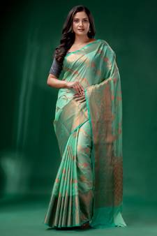 Sea green Cotton Silk saree with woven design