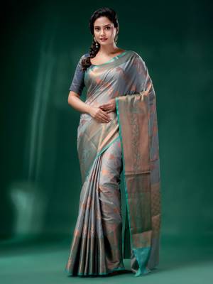 Grey Cotton Silk saree with woven design 1