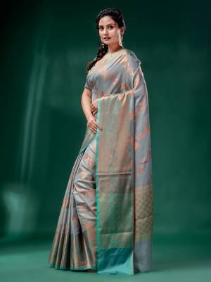 Grey Cotton Silk saree with woven design 3