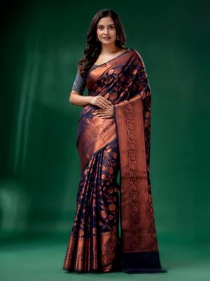 Navy Blue Cotton Silk saree with woven design 1
