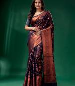 Navy Blue Cotton Silk saree with woven design