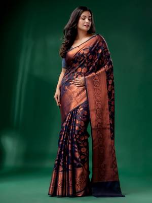 Navy Blue Cotton Silk saree with woven design 2