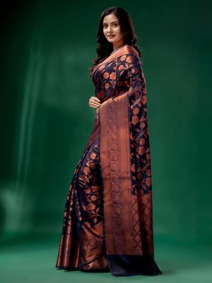 Navy Blue Cotton Silk saree with woven design 3