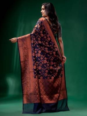 Navy Blue Cotton Silk saree with woven design 4
