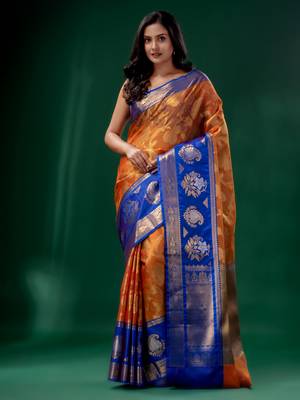 Orange Organza Kanjivaram handwoven soft saree  with zari border 1