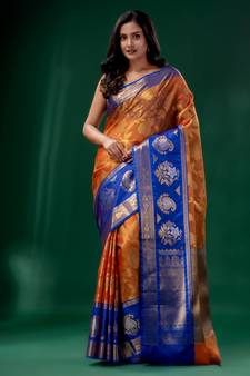 Orange Organza Kanjivaram handwoven soft saree  with zari border