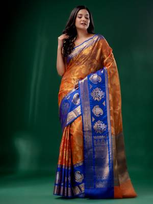 Orange Organza Kanjivaram handwoven soft saree  with zari border 2