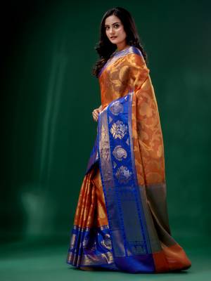 Orange Organza Kanjivaram handwoven soft saree  with zari border 3