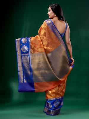 Orange Organza Kanjivaram handwoven soft saree  with zari border 4