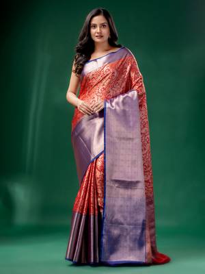 Red Organza Kanjivaram handwoven soft saree  with zari border 1