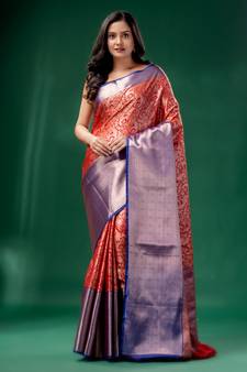 Red Organza Kanjivaram handwoven soft saree  with zari border