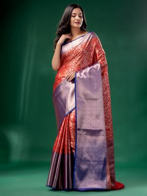Red Organza Kanjivaram handwoven soft saree  with zari border 2