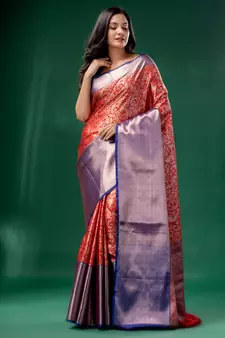 Red Organza Kanjivaram handwoven soft saree  with zari border