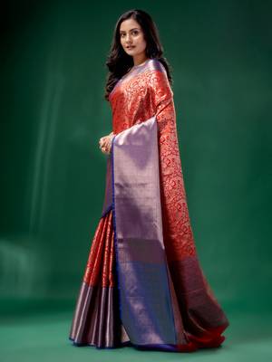 Red Organza Kanjivaram handwoven soft saree  with zari border 3