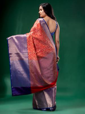 Red Organza Kanjivaram handwoven soft saree  with zari border 4